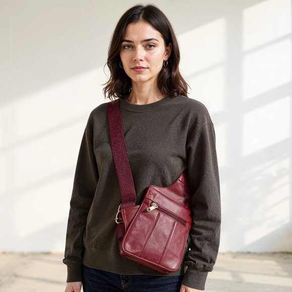 Vintage Burgundy Leather Chest Sling Crossbody Bag – Unisex Travel Utility Style - Picture 8 of 8